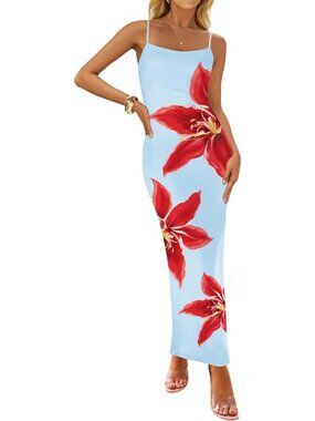 Women’s Light Blue Floral Bodycon Maxi Square Neck Boho Beach Summer Long Dress